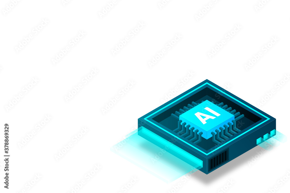 Poster artificial intelligence icon ai, chip brain, quantum computing, cpu, isometric cloud computing conce