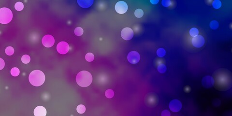 Light Pink, Blue vector background with circles, stars. Glitter abstract illustration with colorful drops, stars. Design for your commercials.