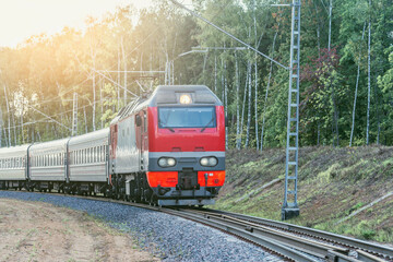 Passenger train moves by the forest.