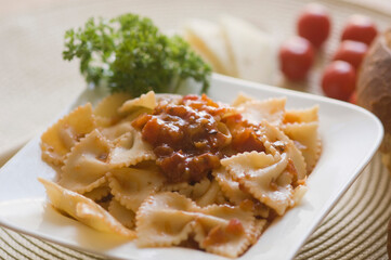 Close-up of a plate of bow tie pasta