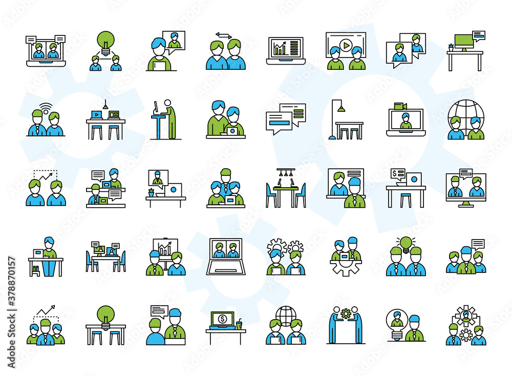 Wall mural coworking line and colors style icons collection design, teamwork and strategy theme Vector illustration