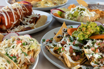 Huge selection of delicious Mexican food plates on a table buffet style for the family eating.