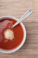 High angle view of a bowl of tomato soup