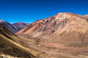 Fototapeta na wymiar Mountains and road near Los Penitentes ski resort, Argentina.