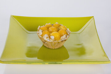 High angle view of an exotic mango dessert