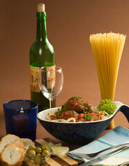Close-up of cooked pasta with ingredients