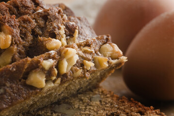 Close-up of fruitcake with brown eggs