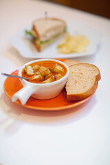 High angle view of soup with bread