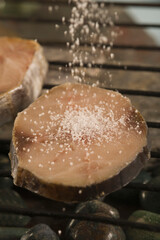 Close-up of slices of fish on a barbecue