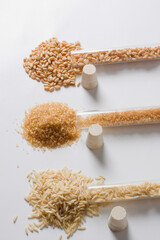 High angle view of brown rice and sugar with wheat in test tubes