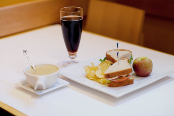 High angle view of sandwiches and soup