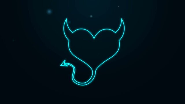 Glowing neon line Devil heart with horns and a tail icon isolated on black background. Valentines Day symbol. 4K Video motion graphic animation