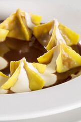 High angle view of a baked custard dessert