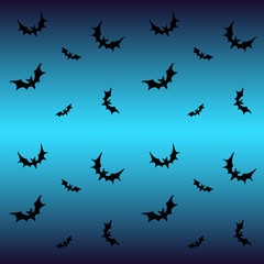 Bats on a blue background - seamless pattern for Halloween. Black silhouettes of bats on a gradient background. Hymenoptera mammals.