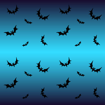 Bats on a blue background - seamless pattern for Halloween. Black silhouettes of bats on a gradient background. Hymenoptera mammals.