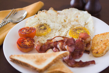 Close-up of fried eggs and bacon on a plate