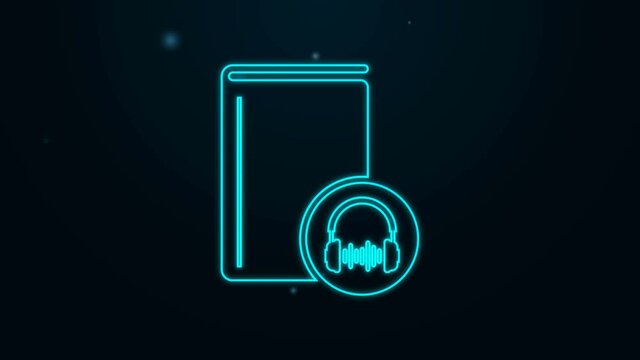 Glowing neon line Audio book icon isolated on black background. Book with headphones. Audio guide sign. Online learning concept. 4K Video motion graphic animation