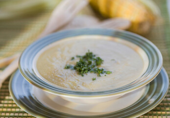 High angle view of corn soup