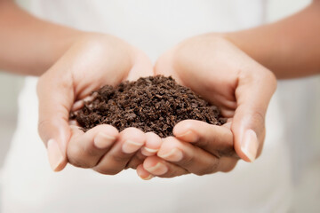 Close-up of a woman's hands cupping soil