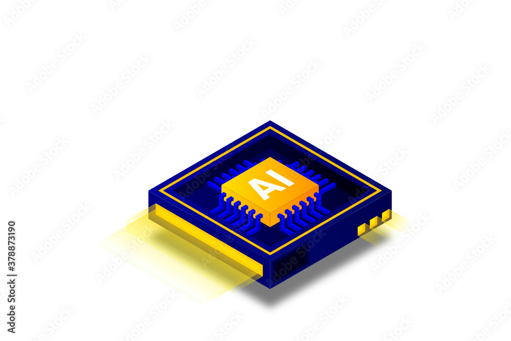 Poster artificial intelligence icon ai, chip brain, quantum computing, cpu, isometric cloud computing conce