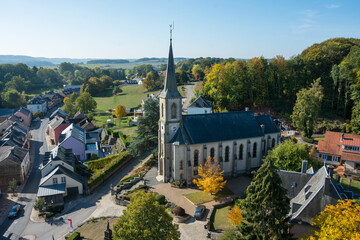Church of Saint-Pierre in Useldange from the top of the tower of the nearby castle (Grand Duchy of Luxembourg)