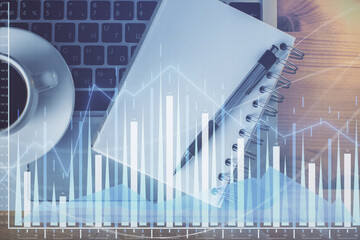 Multi exposure of forex chart drawing and work table top veiw. Concept of financial analysis.