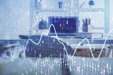 Double exposure of financial graph drawing and office interior background. Concept of stock market.