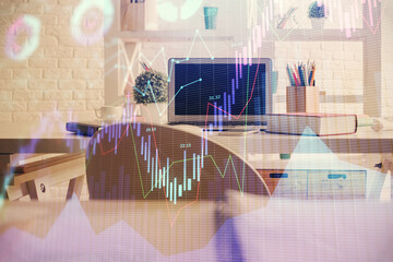 Double exposure of financial graph drawing and office interior background. Concept of stock market.