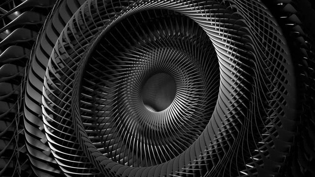 3d video loop of abstract black and white art of surreal 3d background with part of a turbine jet engine with sharp blades in matte metal material.  funnel in a spiral pattern with a hole 