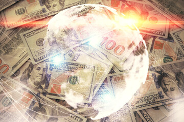 Multi exposure of business theme drawing over us dollars bill background. Concept of financial success.