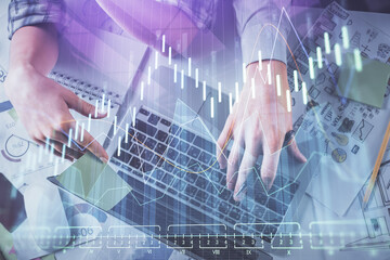 Double exposure of man and woman working together and forex graph hologram drawing. Financial analysis concept. Computer background. Top View.