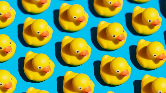 Rubber ducks for fun in the bath. Cute yellow toys arranged in rows. Ducklings.