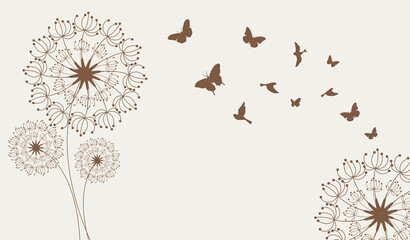 Dandelion with flying birds,butterfly and seeds