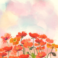  Red Poppy Flowers watercolor illustration.