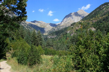 Fototapeta na wymiar Colores en el lago y la montaña. Embalse de La Sarra. Sallent de Gállego. Huesca. Pirineos