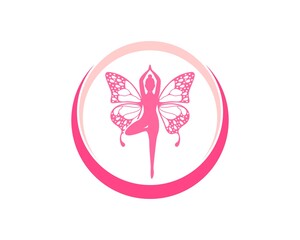 Women yoga with butterfly wings and swoosh
