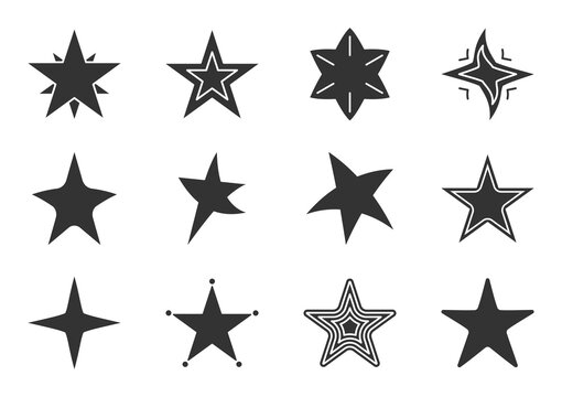 Set of star black icons. Abstract template different shape stars. Empty starry sign for design logo. Silhouette classic rank reward in game or web site premium rating. Isolated vector illustration