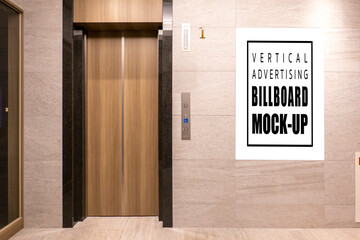 Mock up blank signboard on the wall near elevators