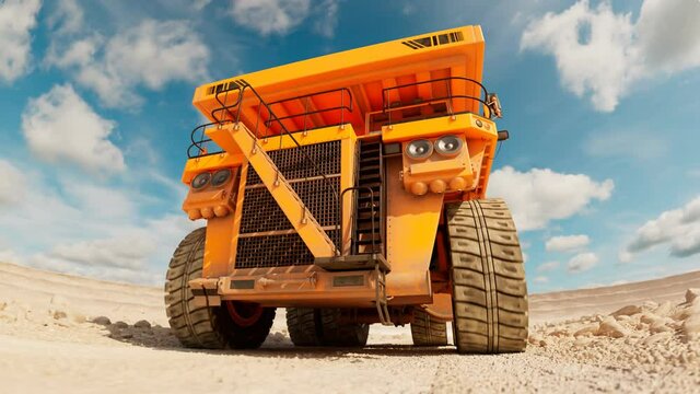Animation of the yellow dump truck driving through the vast dig site. 4K HD