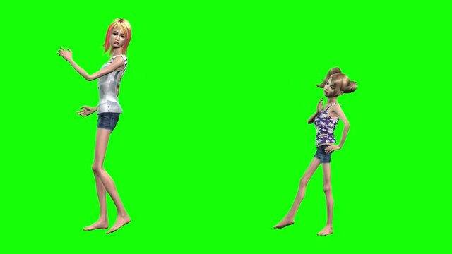 3D animation with a two thin females a  avatar females a woman and a young girl look at them selves in a mirror, and the girl cries.