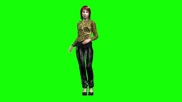 3d animation of a attractive avatar female figure, wearing a colourful top and black pants, talks about something ,poses, walks forward and runs.