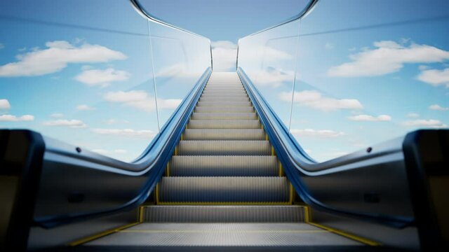 Modern escalator made of glass and steel. Blue sky with clouds in the background