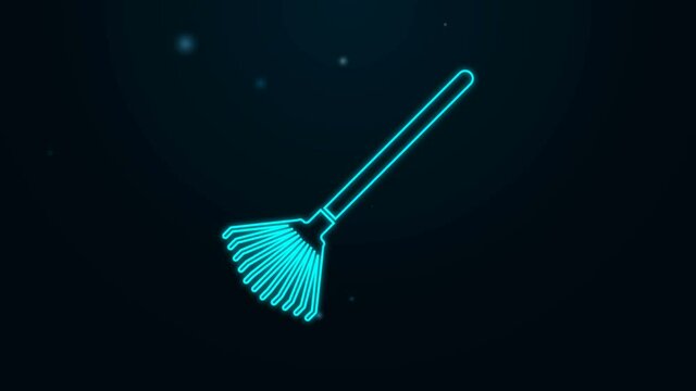 Glowing neon line Garden rake for leaves icon isolated on black background. Tool for horticulture, agriculture, farming. Ground cultivator. 4K Video motion graphic animation
