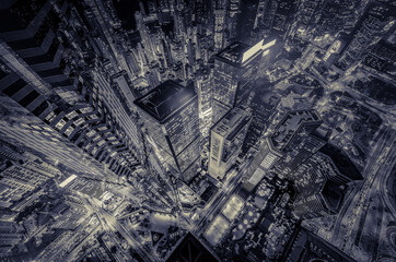 Aerial view of Hong Kong cityscape in black and white