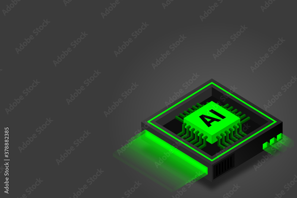 Poster artificial intelligence icon ai, chip brain, quantum computing, cpu, isometric cloud computing conce