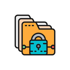 Folder with lock, file protection, data security flat color line icon.