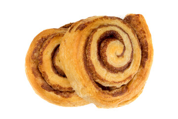 top down view of two un-iced home made cinnamon bun isolated on white