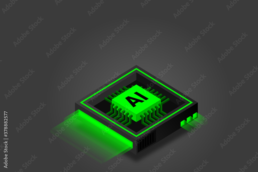 Poster artificial intelligence icon ai, chip brain, quantum computing, cpu, isometric cloud computing conce