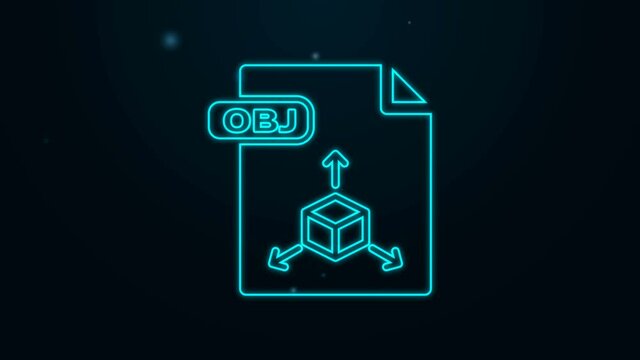 Glowing neon line OBJ file document. Download obj button icon isolated on black background. OBJ file symbol. 4K Video motion graphic animation