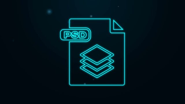 Glowing neon line PSD file document. Download psd button icon isolated on black background. PSD file symbol. 4K Video motion graphic animation